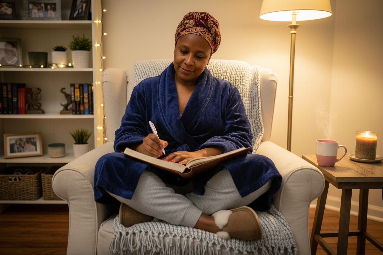 Woman in scarf robe and slippers writing in journal